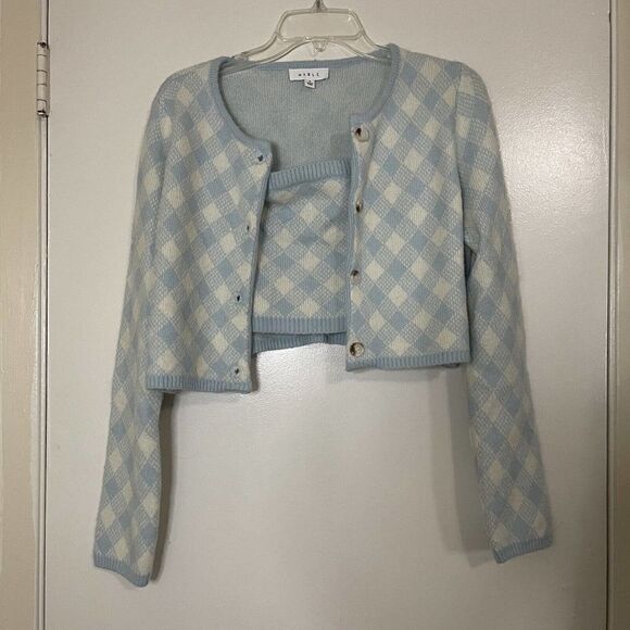 MABLE Blue Cropped Blue diamond knit Cardigan strapless 2pc set size Small - Picture 1 of 5
